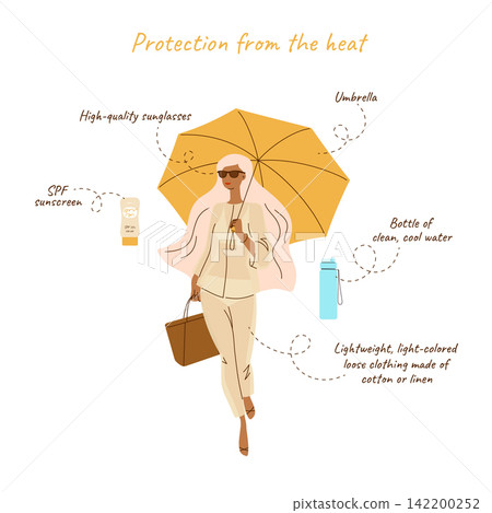 Heat protection in a summer, woman with umbrella, illustration isolated on white background Heat protection in a summer, woman with umbrella, illustration isolated on white background 142200252