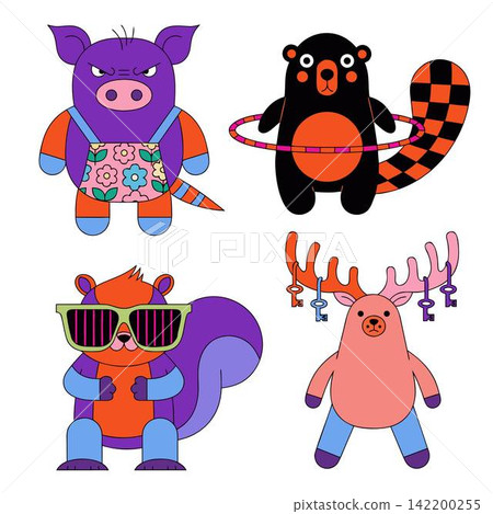 This image features stylized, colorful cartoon animals This image features stylized, colorful cartoon animals 142200255