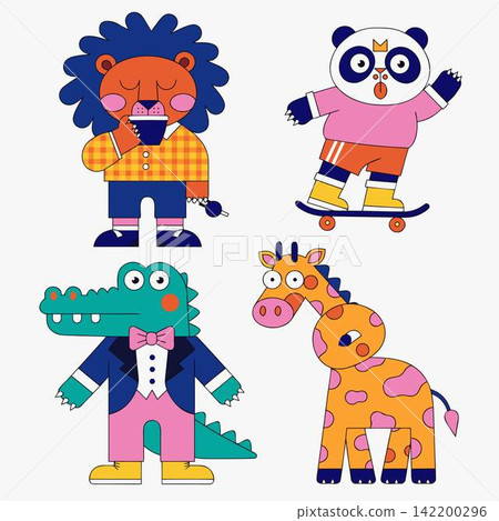 This set of illustrations includes stylized cartoon animal characters a lion, a panda, a crocodile, and a giraffe 142200296