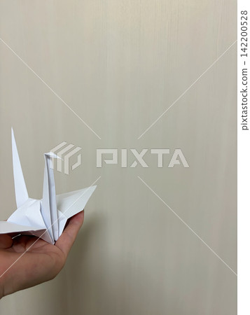 A view of a white origami crane in the palm of a hand, seen from an angle. A view of a white origami crane in the palm of a hand, seen from an angle. 142200528