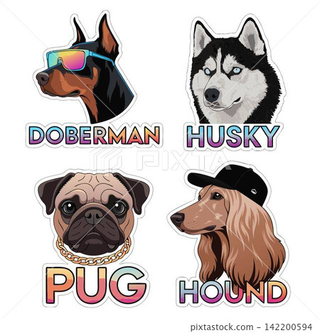 These are vinyl stickers featuring cartoon-style dogs a Doberman, a husky, a pug, and a hound These are vinyl stickers featuring cartoon-style dogs a Doberman, a husky, a pug, and a hound 142200594