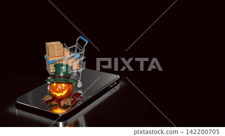 Spooky Halloween Mobile Shopping and Package Delivery 3d render. Spooky Halloween Mobile Shopping and Package Delivery 3d render. 142200705