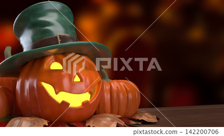 Glowing Halloween Jack O Lantern in Green Top Hat 3d render. Glowing Halloween Jack O Lantern in Green Top Hat 3d render. 142200706
