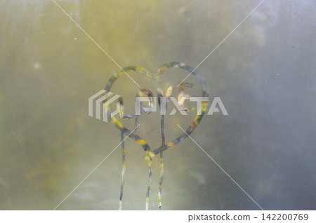 Autumn rain and a heart painted on misted glass. love symbol Autumn rain and a heart painted on misted glass. love symbol 142200769