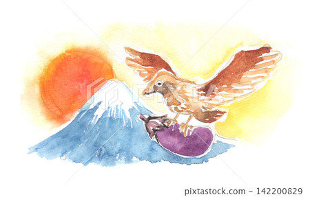 一幅水彩插圖,描繪了富士山、一隻鷹和一顆茄子。 一幅水彩插圖,描繪了富士山、一隻鷹和一顆茄子。 142200829