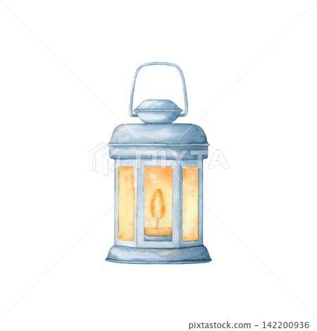 Watercolor vintage lantern with burning candle isolated illustration. Hand drawn cozy interior light clipart for Christmas, winter holidays, autumn mood and rustic card design. Detailed drawing. Watercolor vintage lantern with burning candle isolated illustration. Hand drawn cozy interior light clipart for Christmas, winter holidays, autumn mood and rustic card design. Detailed drawing. 142200936