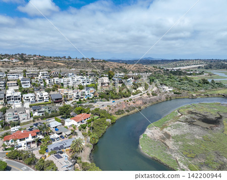 Aerial view of Cardiff by the Sea, beach community in the incorporated city of Encinitas in San Diego County, California, USA. 142200944