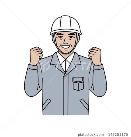Male boss, helmet, gray work clothes, making a victory pose. Male boss, helmet, gray work clothes, making a victory pose. 142201176