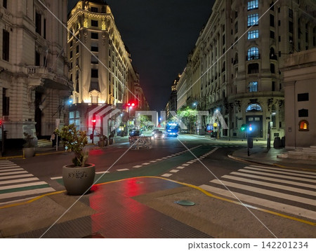 Buenos Aires, Argentina - October 27, 2025: Night View Along Diagonal Norte Toward Obelisk Buenos Aires, Argentina - October 27, 2025: Night View Along Diagonal Norte Toward Obelisk 142201234