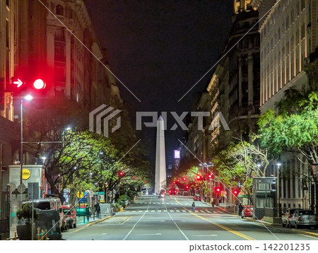 Buenos Aires, Argentina - October 27, 2025: Obelisco de Buenos Aires Centered on Night Avenue Buenos Aires, Argentina - October 27, 2025: Obelisco de Buenos Aires Centered on Night Avenue 142201235