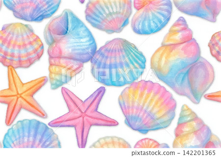 Seamless vector pattern with pastel watercolor sea shells and starfish. A cute and dreamy ocean themed background perfect for childrens products, textiles, summer designs, and creative projects. Seamless vector pattern with pastel watercolor sea shells and starfish. A cute and dreamy ocean themed background perfect for childrens products, textiles, summer designs, and creative projects. 142201365