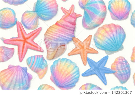 Seamless vector pattern with pastel watercolor sea shells and starfish. A cute and dreamy ocean themed background perfect for childrens products, textiles, summer designs, and creative projects. 142201367