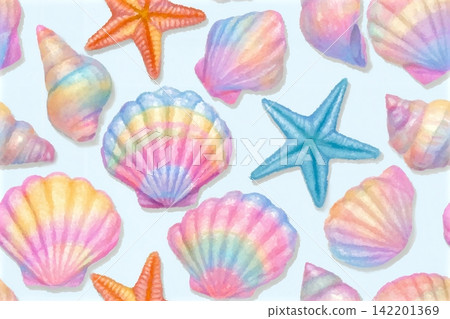 Seamless vector pattern with pastel watercolor sea shells and starfish. A cute and dreamy ocean themed background perfect for childrens products, textiles, summer designs, and creative projects. Seamless vector pattern with pastel watercolor sea shells and starfish. A cute and dreamy ocean themed background perfect for childrens products, textiles, summer designs, and creative projects. 142201369