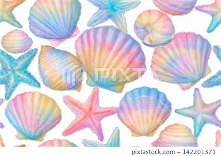 Seamless vector pattern with pastel watercolor sea shells and starfish. A cute and dreamy ocean themed background perfect for childrens products, textiles, summer designs, and creative projects. Seamless vector pattern with pastel watercolor sea shells and starfish. A cute and dreamy ocean themed background perfect for childrens products, textiles, summer designs, and creative projects. 142201371