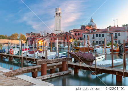 Castello Waterfront with Boats and Bell Tower at Dawn in Venice, Italy 142201401