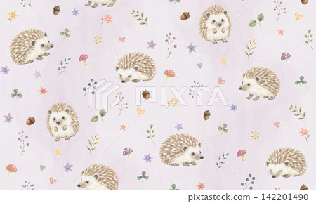Adorable watercolor-style seamless pattern of hedgehogs and forest plants - Lavender Mist 142201490