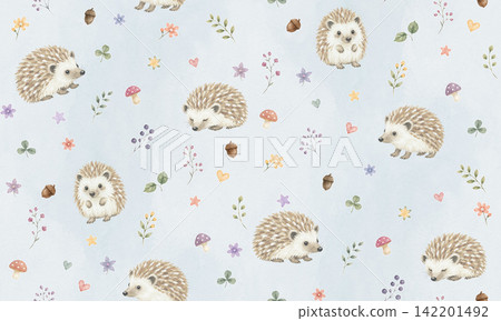 Adorable watercolor-style seamless pattern of hedgehogs and forest plants - Soft Sky Adorable watercolor-style seamless pattern of hedgehogs and forest plants - Soft Sky 142201492