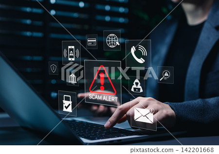 Scam alert warning. Cybersecurity concept. Woman using laptop and smartphone, warning sign for scams representing online threats, phishing, cybersecurity, Unknown person, suspicious scammer, fraud Scam alert warning. Cybersecurity concept. Woman using laptop and smartphone, warning sign for scams representing online threats, phishing, cybersecurity, Unknown person, suspicious scammer, fraud 142201668