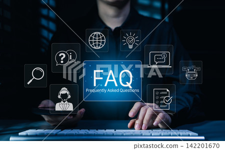 FAQ Frequently Asked Questions Support Concept. Person using computer with icon related to search, information, customer service chat, support represent online help, user assistance, helpdesk, Q and A FAQ Frequently Asked Questions Support Concept. Person using computer with icon related to search, information, customer service chat, support represent online help, user assistance, helpdesk, Q and A 142201670