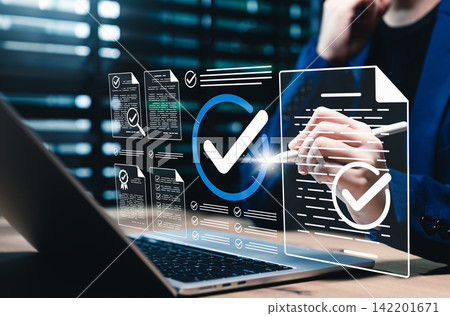 Document verification approval and compliance checklist concept. Professional using laptop with verified files, check mark, certificate, review form, quality control, audit process, business assurance Document verification approval and compliance checklist concept. Professional using laptop with verified files, check mark, certificate, review form, quality control, audit process, business assurance 142201671