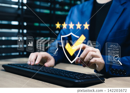 Quality Assurance and Certification Compliance Concept. Woman touching standard quality control certificate assurance guarantee for automation process. quality control management, Audit Documentation, Quality Assurance and Certification Compliance Concept. Woman touching standard quality control certificate assurance guarantee for automation process. quality control management, Audit Documentation, 142201672