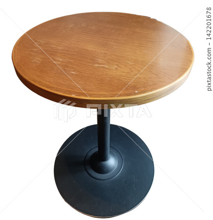 Round wooden table with black pedestal base on white background Round wooden table with black pedestal base on white background 142201678