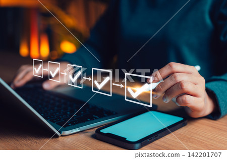 Checklist Process and Quality Assurance Workflow Concept. Businessperson checks checkboxes, symbolizing task management, step-by-step processes, workflow control, quality assurance, and productivity. 142201707