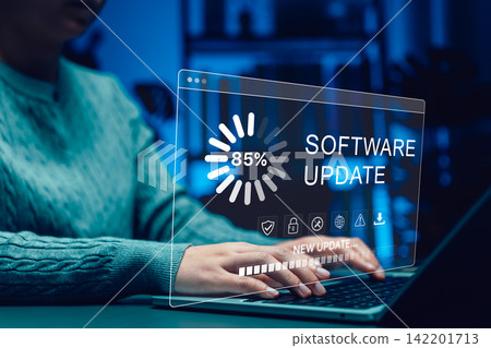 Software update or operating system, update software application upgrade technology concept. updating progress bar, installing app patch, new version loading, program downloading, improved security, Software update or operating system, update software application upgrade technology concept. updating progress bar, installing app patch, new version loading, program downloading, improved security, 142201713