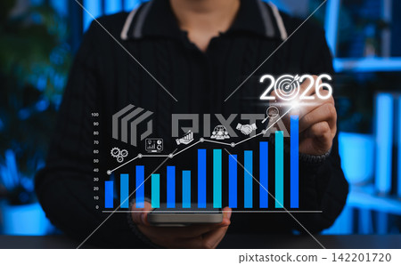 Business growth strategy concept showing increasing bar chart to 2026 with futuristic icons. Perfect for financial planning, data analytics, business target, forecasting and corporate success vision. Business growth strategy concept showing increasing bar chart to 2026 with futuristic icons. Perfect for financial planning, data analytics, business target, forecasting and corporate success vision. 142201720