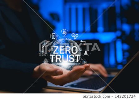 Zero Trust cybersecurity concept with digital globe and security icons. Promotes secure access, identity protection, and threat prevention for networks, cloud, data protect and enterprise IT systems. Zero Trust cybersecurity concept with digital globe and security icons. Promotes secure access, identity protection, and threat prevention for networks, cloud, data protect and enterprise IT systems. 142201724