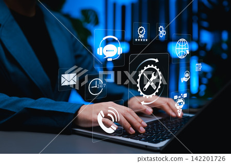 Technical support and customer service concept. Digital icons of tools, headset, 24/7 help, email, chatbot, global access, represent IT support, troubleshooting, live chat, user assistance in business Technical support and customer service concept. Digital icons of tools, headset, 24/7 help, email, chatbot, global access, represent IT support, troubleshooting, live chat, user assistance in business 142201726
