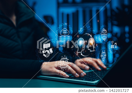 Human and AI Knowledge Transfer and Collaboration Concept. Person using laptop with icons showing human brain and AI brain, symbolizing artificial intelligence, machine learning and knowledge exchange Human and AI Knowledge Transfer and Collaboration Concept. Person using laptop with icons showing human brain and AI brain, symbolizing artificial intelligence, machine learning and knowledge exchange 142201727