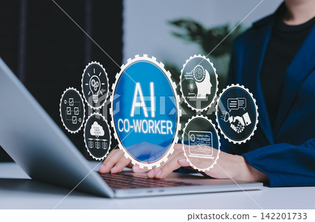 AI co-worker concept for smart business automation, showing professional using laptop with digital icons for workflow, machine learning, cloud data, assistant, chatbot, and human robot collaboration, AI co-worker concept for smart business automation, showing professional using laptop with digital icons for workflow, machine learning, cloud data, assistant, chatbot, and human robot collaboration, 142201733