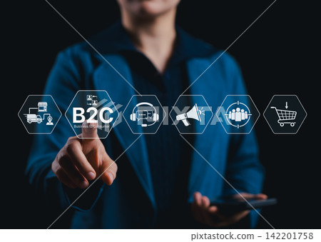 Business to consumer (B2C) marketing concept showing digital icons of e-commerce, customer support, advertising, and online shopping, symbolizing modern retail strategy, communication and sales growth 142201758