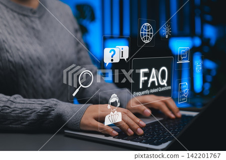 FAQ, Frequently Asked Questions Support Concept. Person using laptop with icon related to search, information, chat, customer service, support represent online help, user assistance, helpdesk, Q and A FAQ, Frequently Asked Questions Support Concept. Person using laptop with icon related to search, information, chat, customer service, support represent online help, user assistance, helpdesk, Q and A 142201767