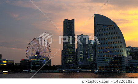 Yokohama Minato Mirai Skyline and Ferris Wheel at Golden Sunset Yokohama Minato Mirai Skyline and Ferris Wheel at Golden Sunset 142201885