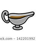 A boat-shaped container (gravy boat) (silver) holding curry. 142201992