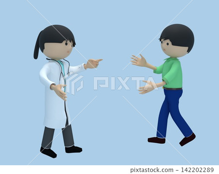 A doctor wearing a stethoscope stands with a man receiving instructions for examination. A doctor wearing a stethoscope stands with a man receiving instructions for examination. 142202289