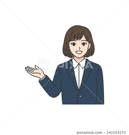 Woman in navy suit, giving a one-handed gesture while guiding, call center, business. Woman in navy suit, giving a one-handed gesture while guiding, call center, business. 142203255