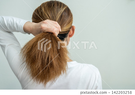 Rear view of young Asian woman holding her damaged hair like a ponytail hairstyle. It may also look dull or frizzy and be difficult to manage. Rear view of young Asian woman holding her damaged hair like a ponytail hairstyle. It may also look dull or frizzy and be difficult to manage. 142203258