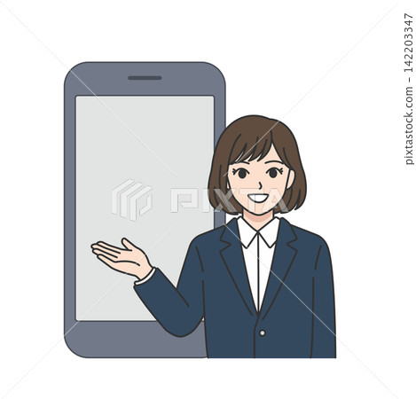 Women in navy suits, guidance, smartphones, business, call centers. 142203347