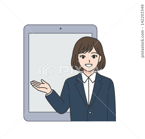 身穿海軍藍套裝的女性，使用垂直螢幕平板電腦為商務呼叫中心提供資訊。 142203349