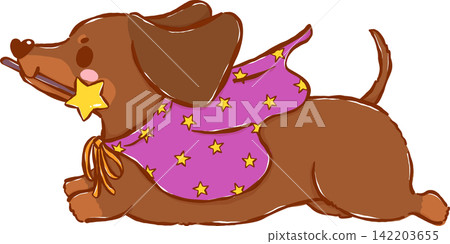 Cute Halloween Dachshund Witch Sausage Dog witch Magic Wand Cartoon Hand Drawn Illustration Cute Halloween Dachshund Witch Sausage Dog witch Magic Wand Cartoon Hand Drawn Illustration 142203655