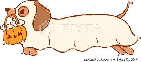 Cute Halloween Dachshund Ghost Sausage Dog Floating Cartoon Hand Drawn Illustration Cute Halloween Dachshund Ghost Sausage Dog Floating Cartoon Hand Drawn Illustration 142203657