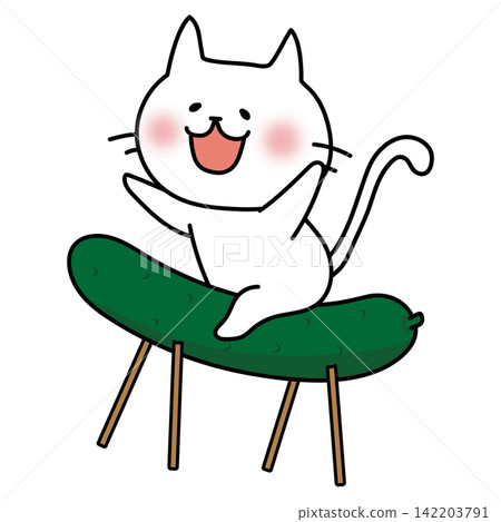 A white cat riding on a cucumber used as a spirit horse during the Obon festival. A white cat riding on a cucumber used as a spirit horse during the Obon festival. 142203791