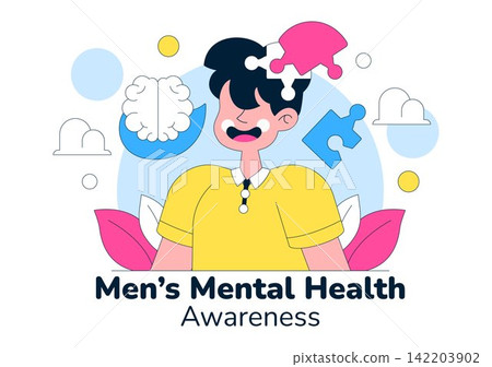 Men's Mental Health Awareness Vector Illustration Featuring Support Concept, Psychology Therapy Design, and Depressed Man Care Symbol 142203902