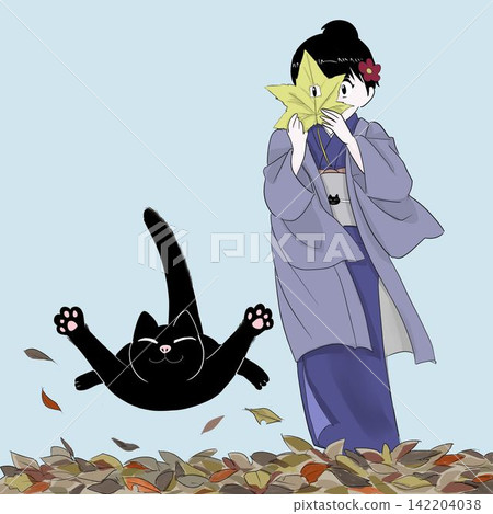 A woman in a kimono watches over a cat that jumps into fallen leaves – a moment in early winter. A woman in a kimono watches over a cat that jumps into fallen leaves – a moment in early winter. 142204038