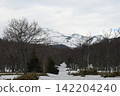 沿著積雪覆蓋的小路穿過冬日森林，遠處群山白雪皚皚。 142204240