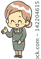 Here's the woman in the skirt suit giving the directions (smiling). 142204615