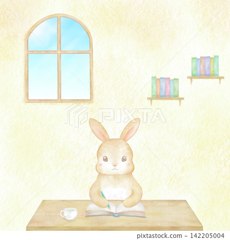 一隻可愛的兔子坐在書桌前,正在筆記本上寫字。水彩插畫,描繪了室內場景。適合學習、研究和教育用途。 一隻可愛的兔子坐在書桌前,正在筆記本上寫字。水彩插畫,描繪了室內場景。適合學習、研究和教育用途。 142205004